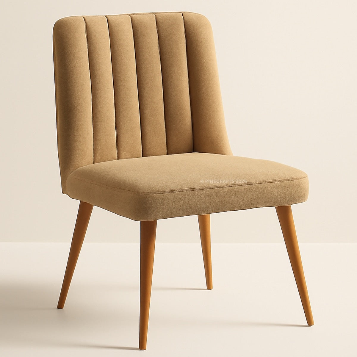 Beige upholstered chair with wooden legs on a beige background